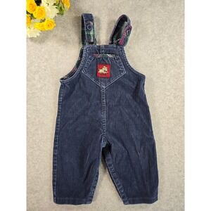 Healthtex Vintage 90s Corduroy Overalls Navy Blue Plaid Lined Dog Patch 12m USA